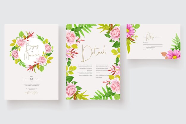 Conjunto de tarjeta de invitación de adorno floral dibujado a mano