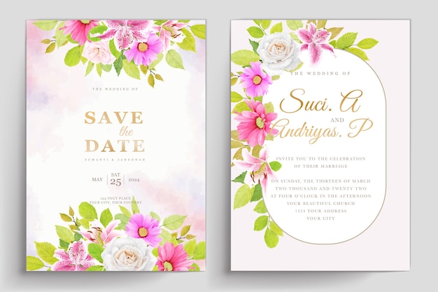 Conjunto de tarjeta de invitación de boda de adorno floral dibujado a mano