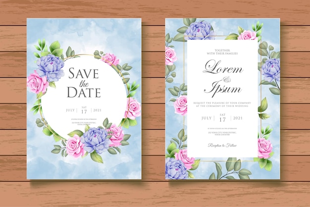 Conjunto de tarjeta de invitación de boda floral acuarela