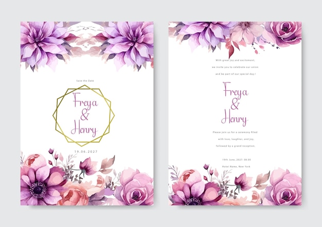 Conjunto de tarjeta de invitación de boda floral de crisantemo púrpura elegante Invitación de tarjeta de boda de tema romántico