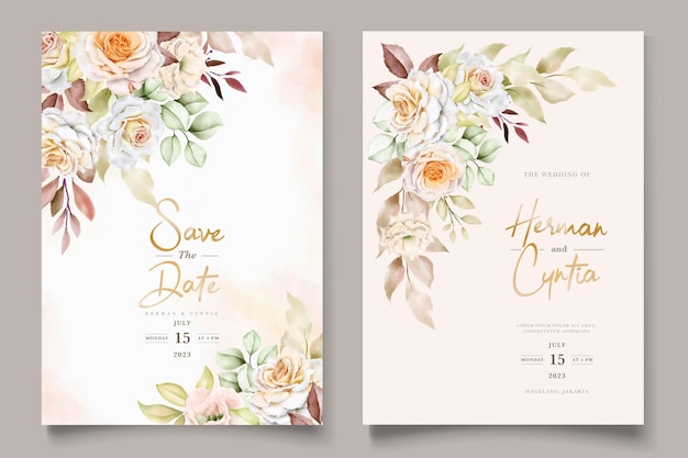 Conjunto de tarjeta de invitación de boda floral dibujado a mano romántico