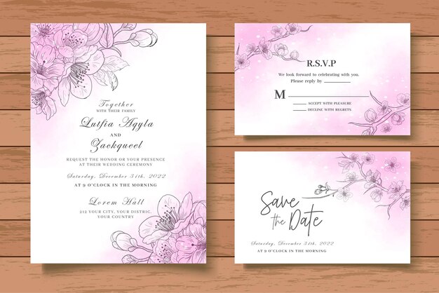 Conjunto de tarjeta de invitación de boda floral de dibujo a mano