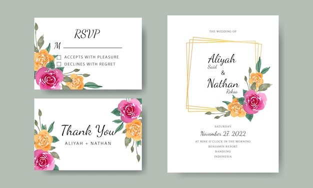 Conjunto de tarjeta de invitación de boda con flores de acuarela rojas amarillas y marco dorado