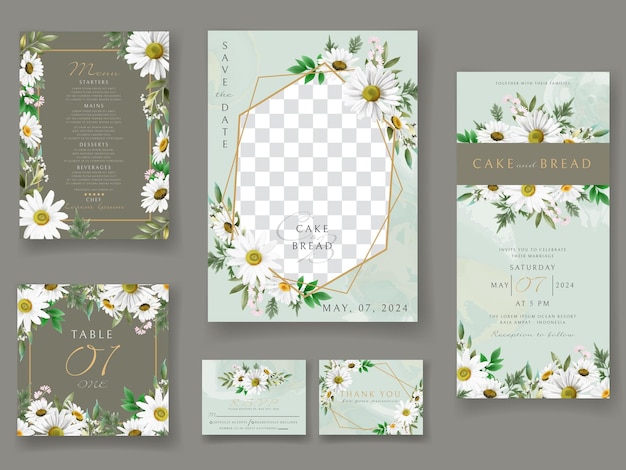Conjunto de tarjeta de invitación de boda hermosa flor blanca