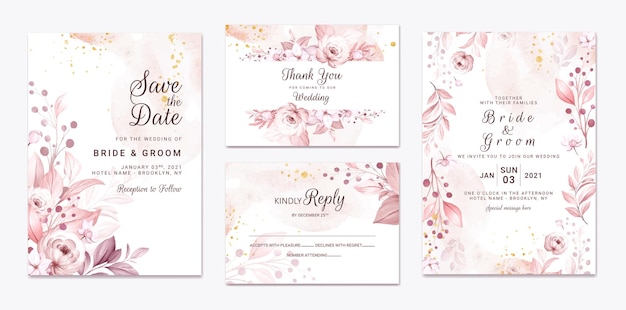 Vector conjunto de tarjeta de invitación de boda con hermosas flores y hojas cremosas suaves