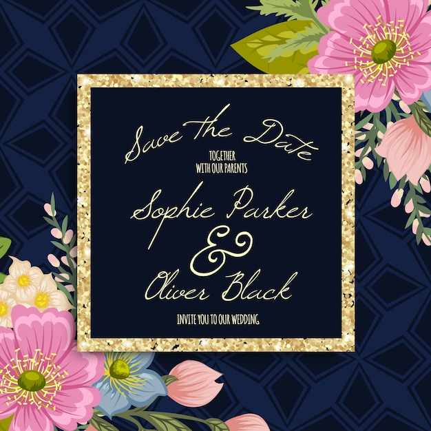 Conjunto de tarjeta de invitación de boda con la plantilla de la flor.