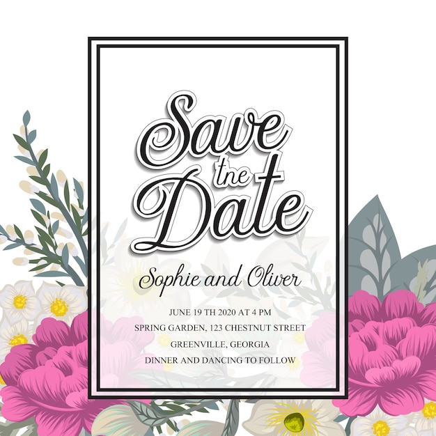 Conjunto de tarjeta de invitación de boda con la plantilla de la flor.