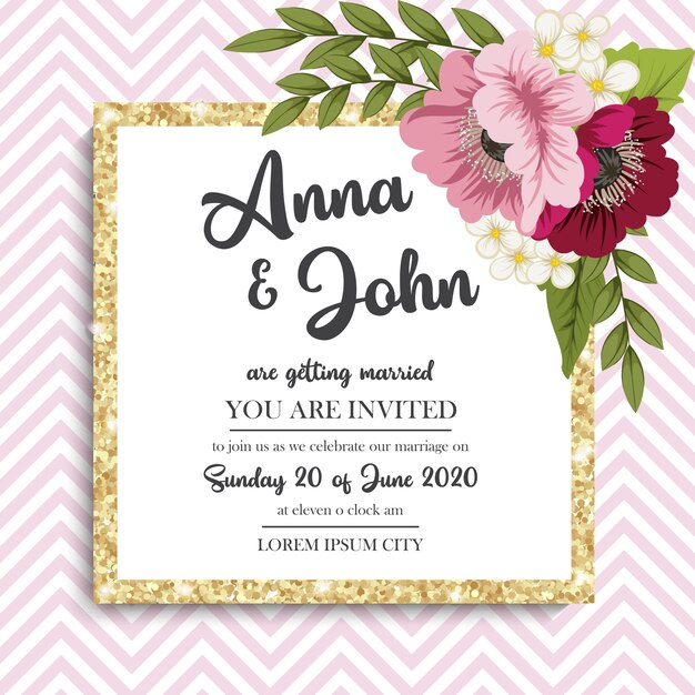 Conjunto de tarjeta de invitación de boda con la plantilla de la flor.