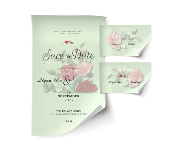 Conjunto de tarjeta de invitación de boda de rosas dibujadas a mano hermosa vector libre