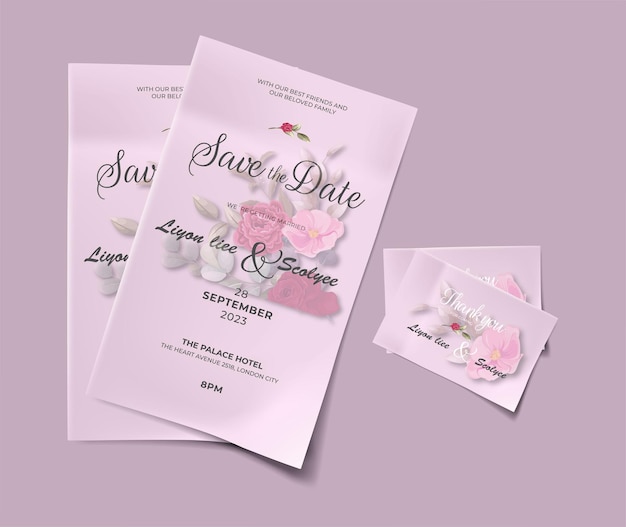 Conjunto de tarjeta de invitación de boda de rosas dibujadas a mano hermosa vector libre