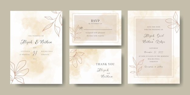 Conjunto de tarjeta de invitación de boda simple con fondo abstracto