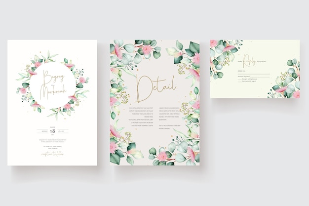conjunto de tarjeta de invitación de flor y hojas de eucalipto dibujado a mano
