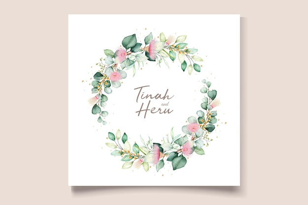 conjunto de tarjeta de invitación de flor y hojas de eucalipto dibujado a mano