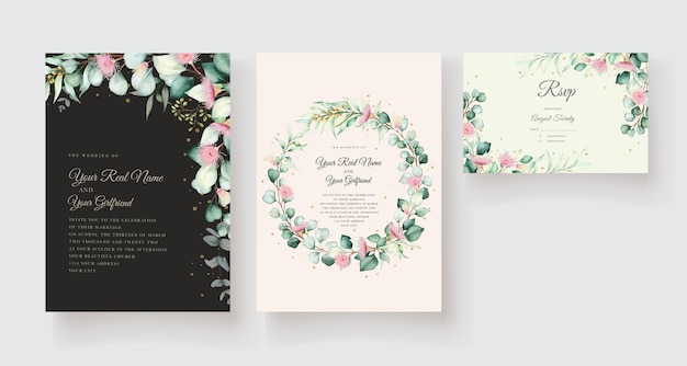 conjunto de tarjeta de invitación de flor y hojas de eucalipto dibujado a mano