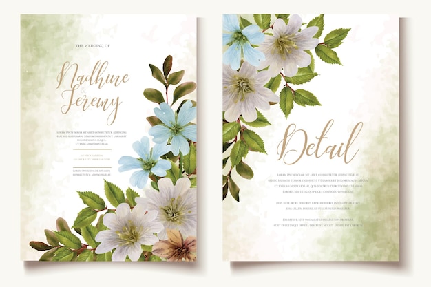 Conjunto de tarjeta de invitación floral dibujada a mano acuarela