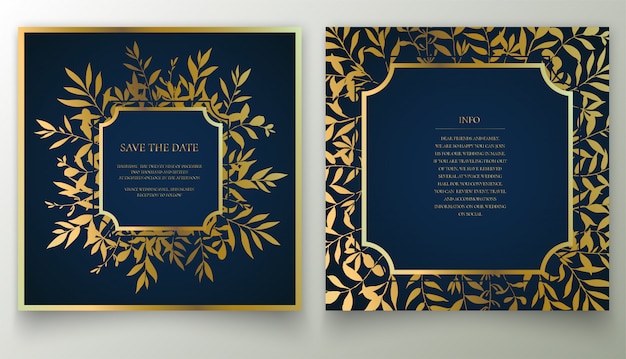 Conjunto de tarjeta de invitación floral dorado.