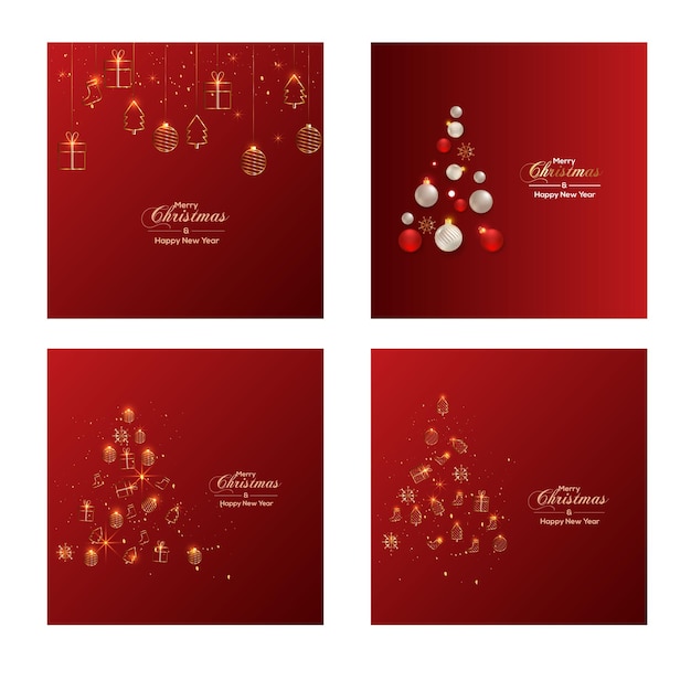 Conjunto de tarjeta de Navidad roja con caja de regalo dorada Icono de árbol de pino dorado banner de Navidad en un bac rojo