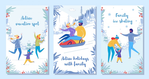 Vector conjunto de tarjeta de vacaciones y actividades de vacaciones de invierno familiar.