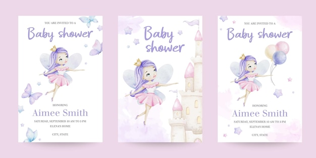 Conjunto de tarjetas de acuarela para la ducha de bebé con pequeñas hadas cuento de hadas castillo mariposas globos de aire