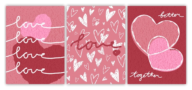 Conjunto de tarjetas de amor de San Valentín con caligrafía y corazones texturizados en colores pastel