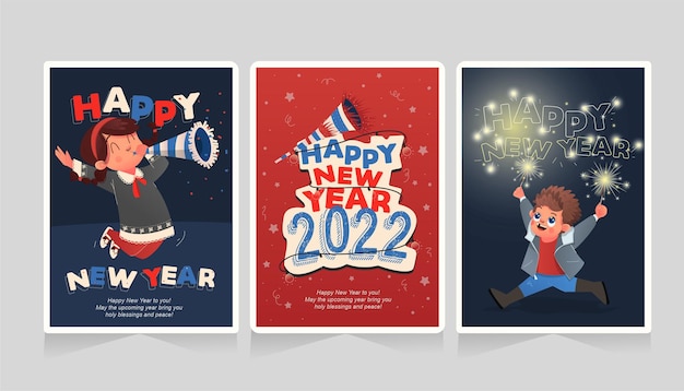 Vector conjunto de tarjetas de año nuevo con niño lindo dibujado a mano tocando fuegos artificiales y trompeta de confeti