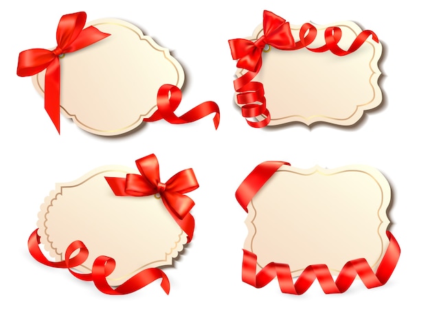 Conjunto de tarjetas antiguas con lazos de regalo rojos con cintas