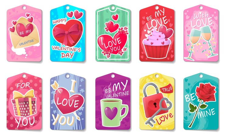 Vector conjunto de tarjetas con atributos festivos para el día de san valentín