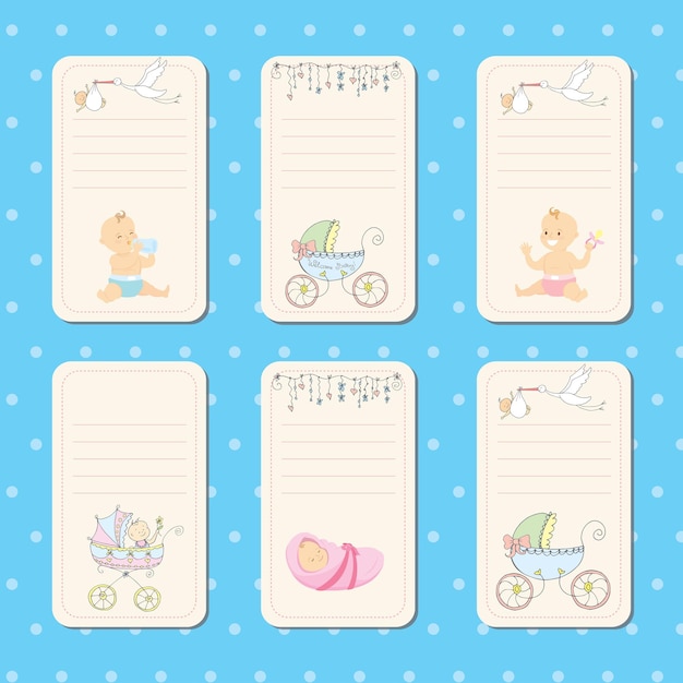Conjunto de tarjetas para bebés recién nacidos plantillas vectoriales para saludos o tarjetas de regalo de scrapbooking