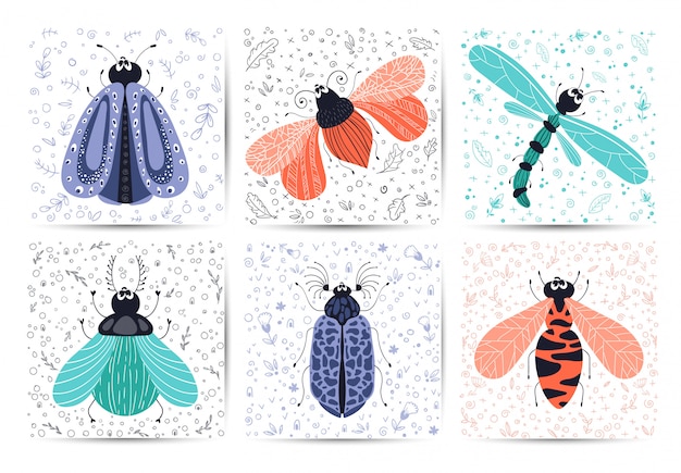 Vector conjunto de tarjetas - bicho o escarabajo de dibujos animados, mariposa, plana