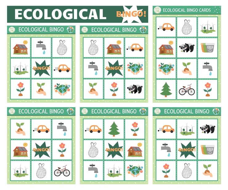 Vector conjunto de tarjetas de bingo ecológicas vectoriales juego de mesa de lotería familiar divertido con simpáticos símbolos de conciencia ecológica para niños actividad de lotería del día de la tierra hoja de trabajo educativa simple e imprimibleetxa