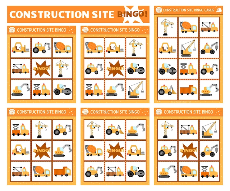 Vector conjunto de tarjetas de bingo de sitio de construcción vectorial juego de mesa de lotería familiar divertido con coches lindos camiones para niños actividad especial de lotería de transporte hoja de trabajo educativa simple imprimible con vehículosxa