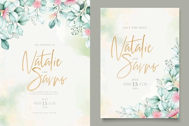 conjunto de tarjetas de boda de flores de eucalipto dibujado a mano