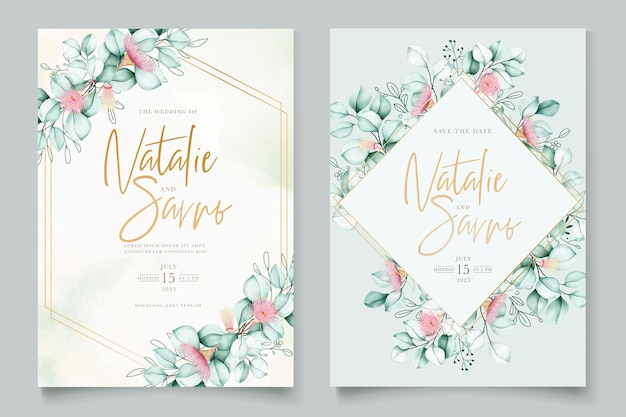 conjunto de tarjetas de boda de flores de eucalipto dibujado a mano