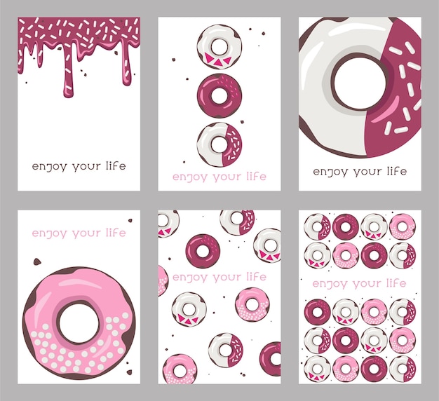 Vector un conjunto de tarjetas brillantes con donuts. donuts con glaseado de colores y dulces.