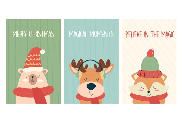 Un conjunto de tarjetas de carteles de Navidad con personajes de animales