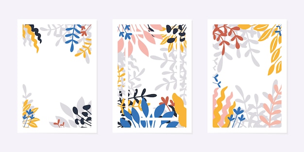 Conjunto de tarjetas creativas de arte universal o carteles. dibujado a mano hojas y flores, estilo moderno contemporáneo. follaje tropical. diseño gráfico de moda para invitación, folleto, volante. ilustración.