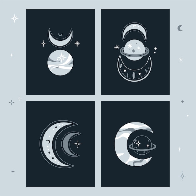 Conjunto de tarjetas creativas con luna creciente y planetas. ilustración.