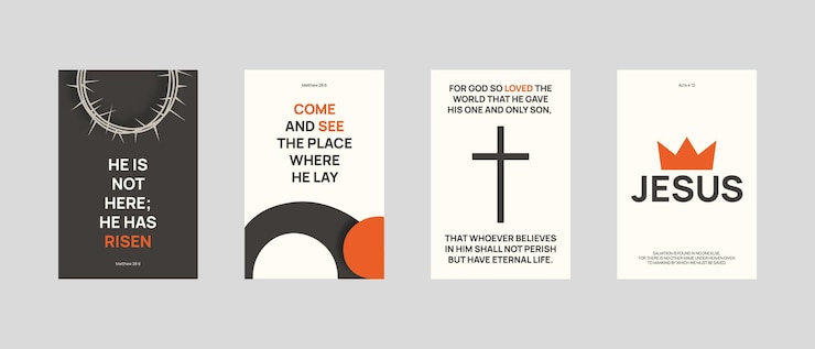 Vector un conjunto de tarjetas cristianas de pascua con versículos bíblicos en un estilo minimalista