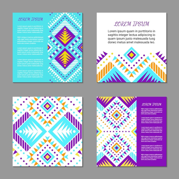 Conjunto de tarjetas cuadradas coloridas de estilo azteca Diseño de patrón indio americano