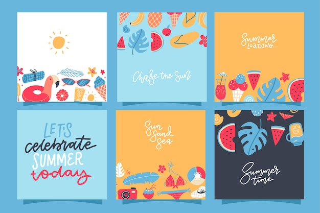 Vector conjunto de tarjetas cuadradas de verano creativas. cartel, cartel, volante con piña, sandía, limón, helado, hojas de palma, cócteles planos dibujados a mano ilustración.