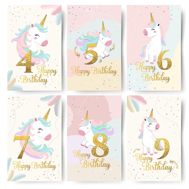 Conjunto de tarjetas de cumpleaños con un lindo unicornio y números dorados de 4 a 9 Tarjeta de aniversario de unicornio suave
