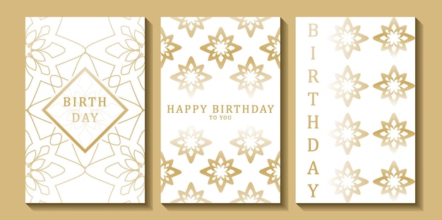 Conjunto de tarjetas de cumpleaños de lujo sobre un fondo blanco Diseño moderno dorado y blanco
