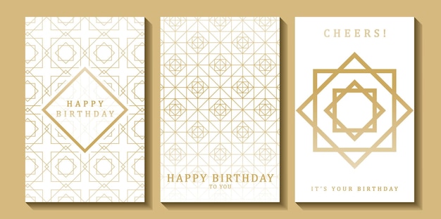 Conjunto de tarjetas de cumpleaños de lujo sobre un fondo blanco Diseño moderno dorado y blanco