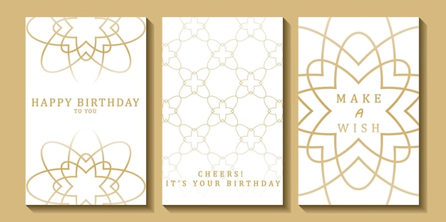 Conjunto de tarjetas de cumpleaños de lujo sobre un fondo blanco Diseño moderno dorado y blanco