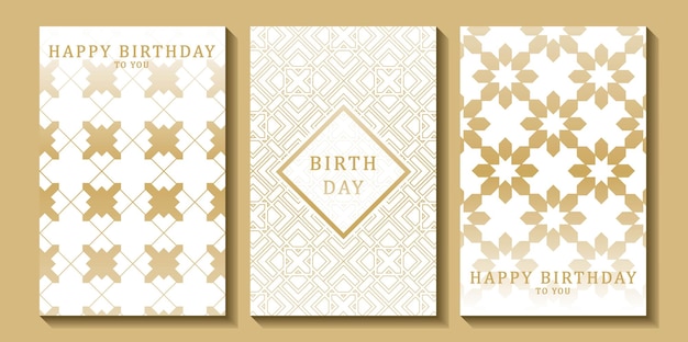 Conjunto de tarjetas de cumpleaños de lujo sobre un fondo blanco Diseño moderno dorado y blanco