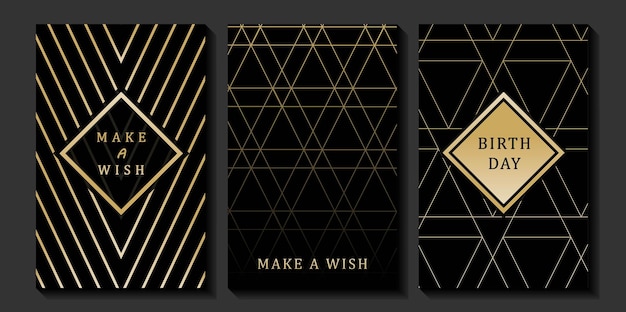 Conjunto de tarjetas de cumpleaños de lujo sobre un fondo negro Diseño moderno dorado y negro