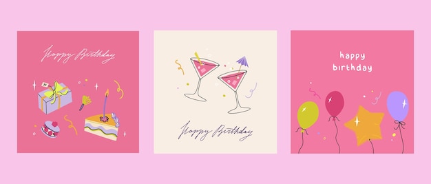 Conjunto de tarjetas de cumpleaños Tarjetas de felicitación de moda con globos cócteles caja de regalos