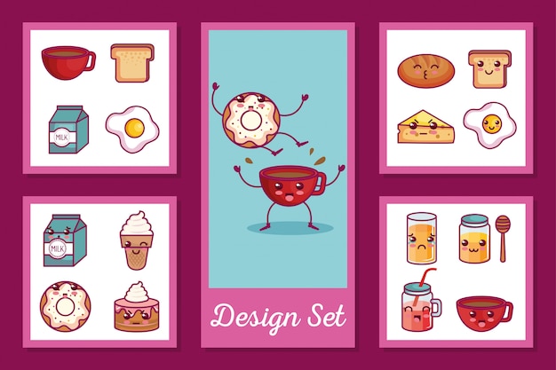 Conjunto de tarjetas de desayuno iconos estilo kawaii