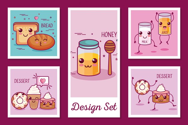 Conjunto de tarjetas de desayuno iconos estilo kawaii