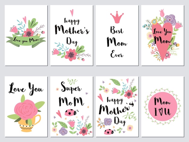 Vector conjunto de tarjetas del día de la madre ilustración de vector romántico de vacaciones con corazones letras flores hojas y ramas colección de símbolos encantadores para el día de mamá plantilla dibujada a mano para su diseño